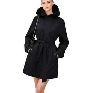 Calvin Klein Black Hooded Trench Coat Belted Women Sz M Modern Sleek Citywear